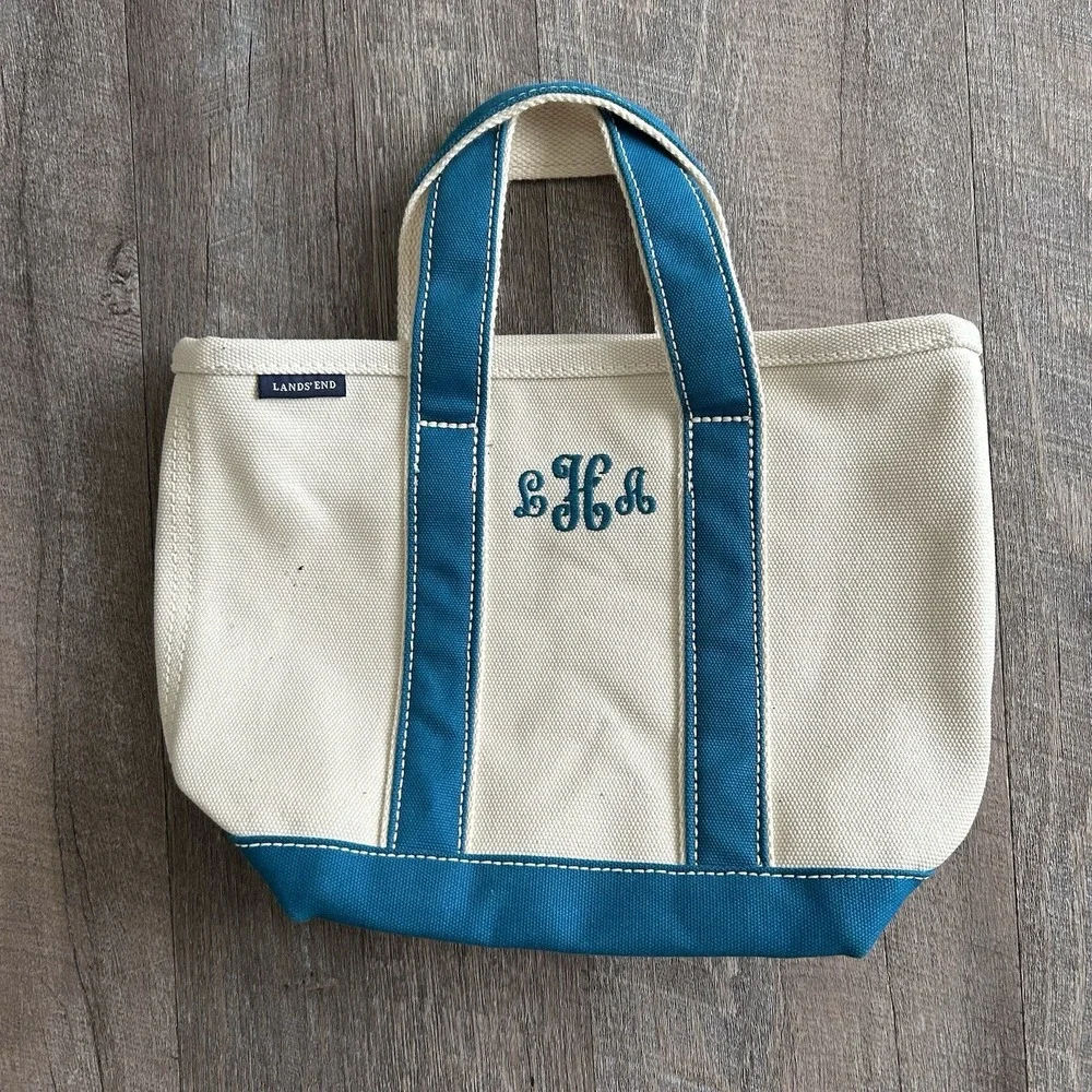 Lands' End Small Zip Top Canvas Tote Bag Natural Teal Monogrammed